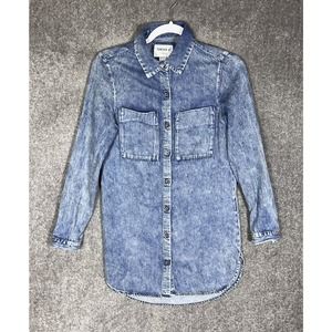 Forever 21‎ Acid Wash Chambray Blue Button Up Tunic Top Womens Size Small